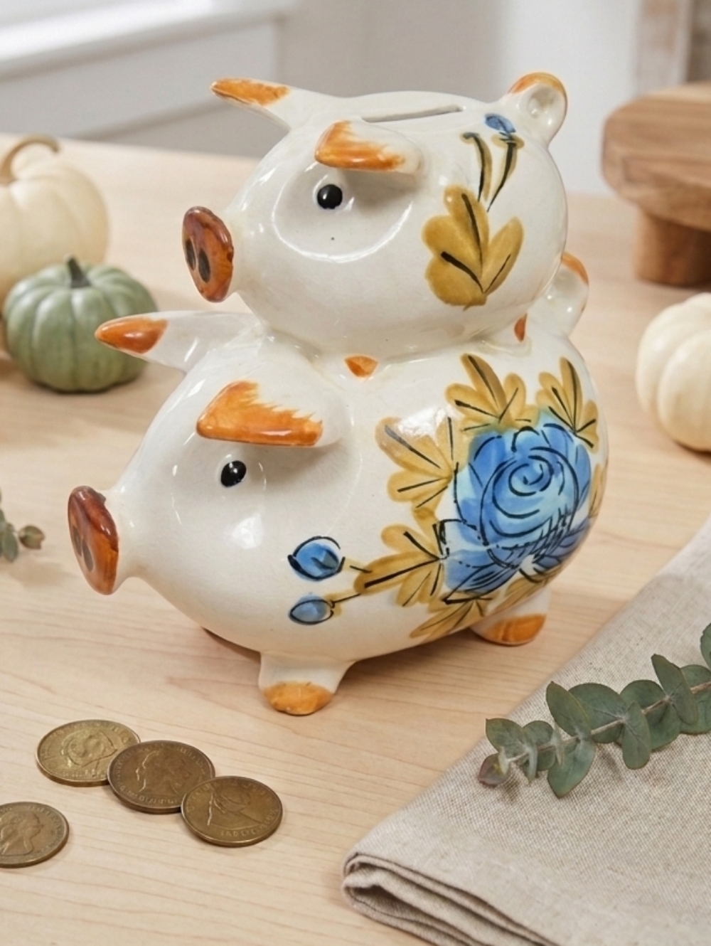 Vintage Arnart Japan Hand-Painted Piggy Bank Set - Stacked Pigs Floral Design